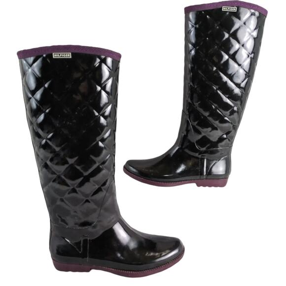 Tommy Hilfiger Vintage Women's 8 Black Knee-High Rubber Rain Boots Pull-On Quilt - Picture 1 of 10